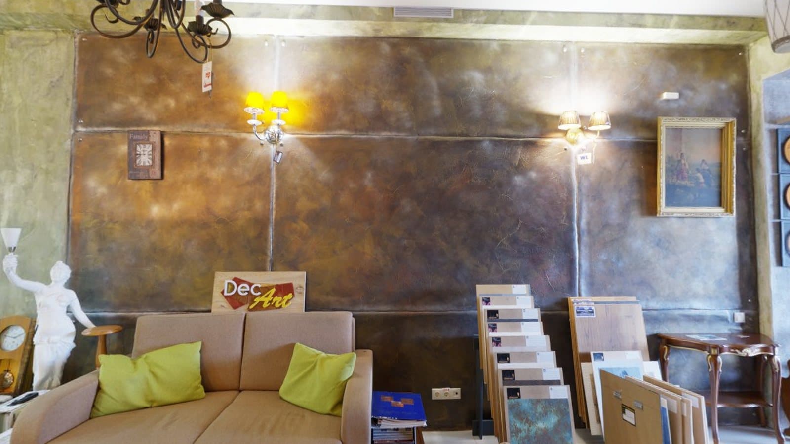 A design showroom with sofa and sample displays