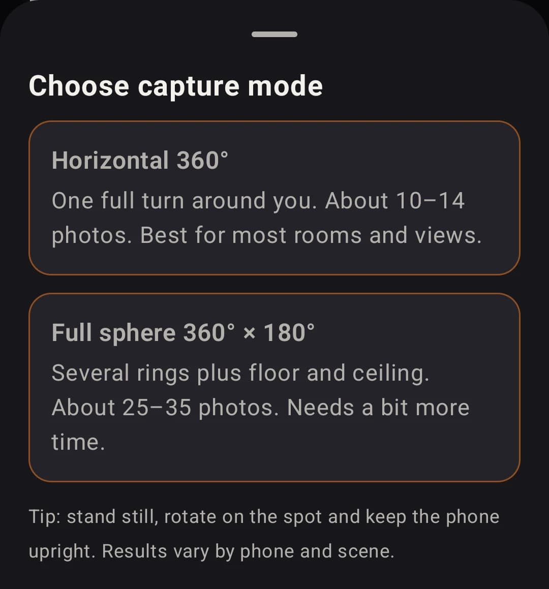 The capture mode picker offering Horizontal 360 degrees and Full sphere 360 by 180 degrees