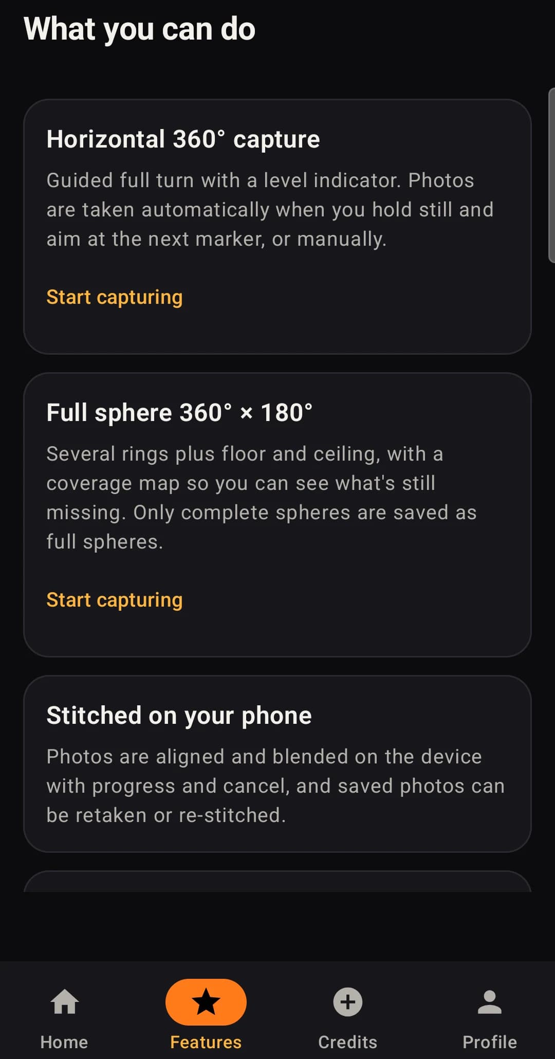 The Features tab in Panorama 360 listing capture modes and tools