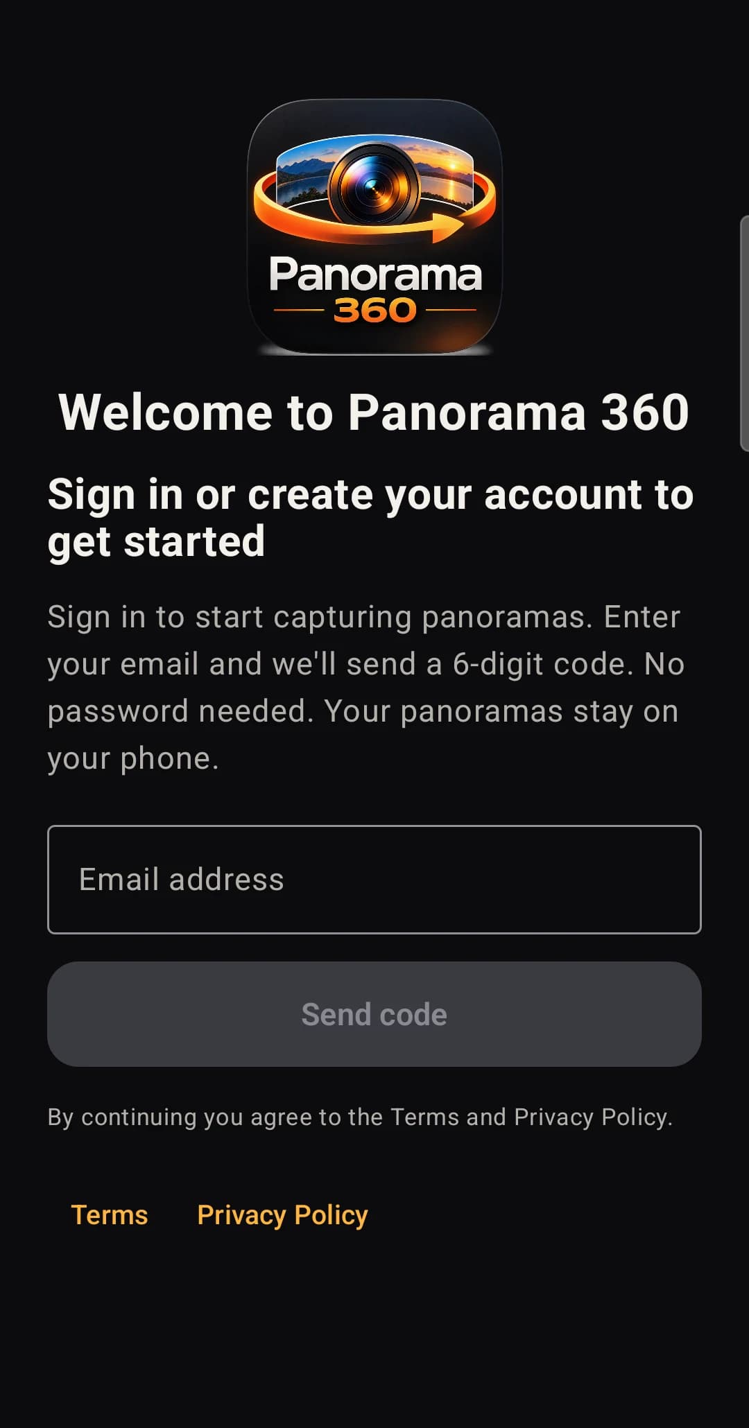 The Panorama 360 email sign-in screen