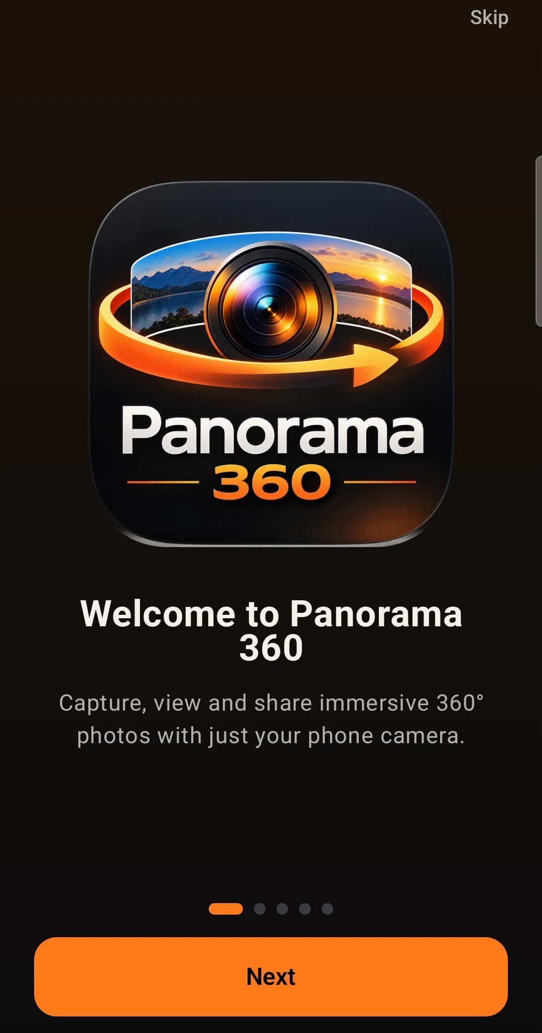 The Panorama 360 welcome screen in the Android app