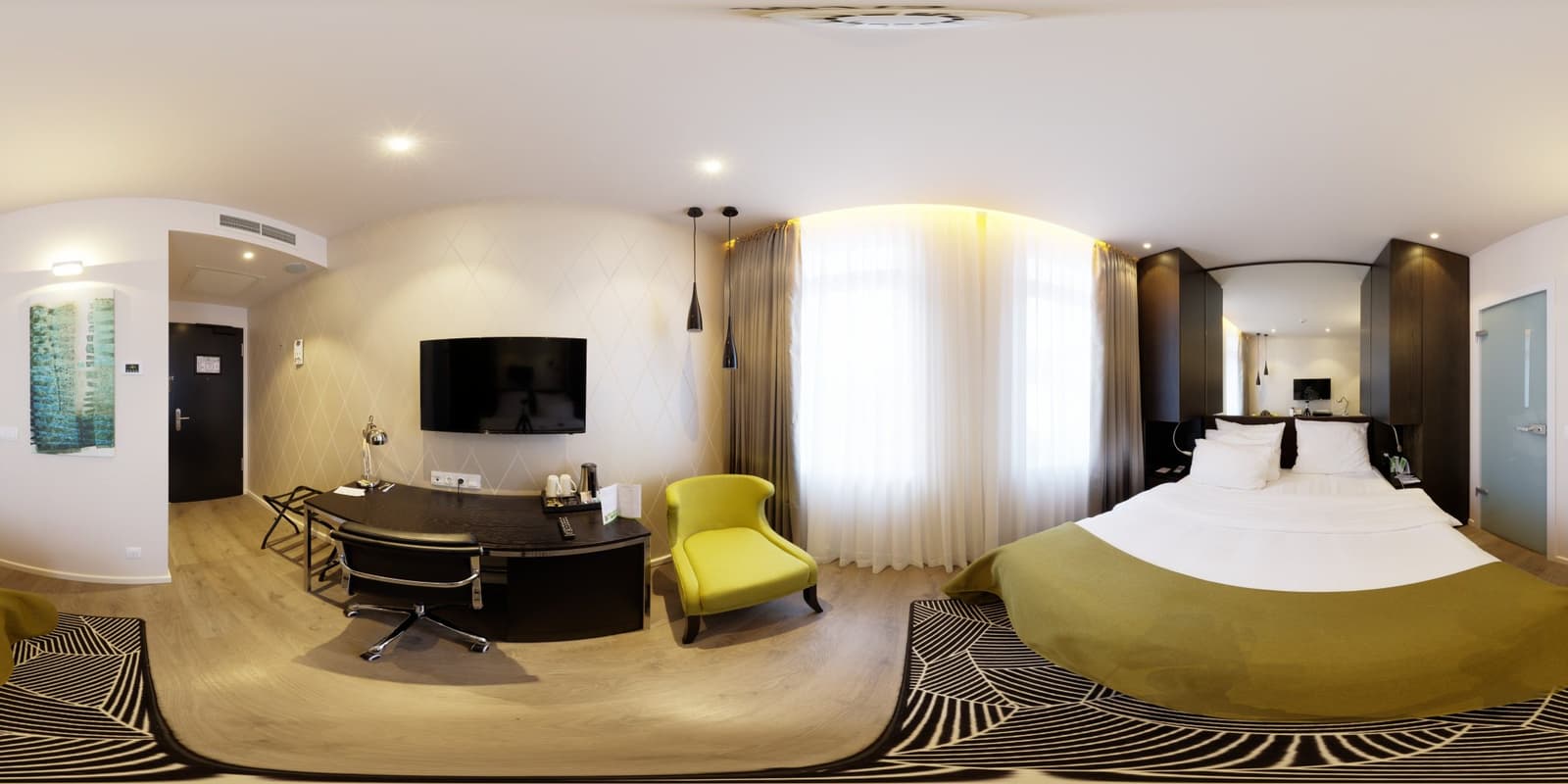A full spherical panorama stored as a 2:1 equirectangular image, with the floor stretched along the bottom and the ceiling along the top