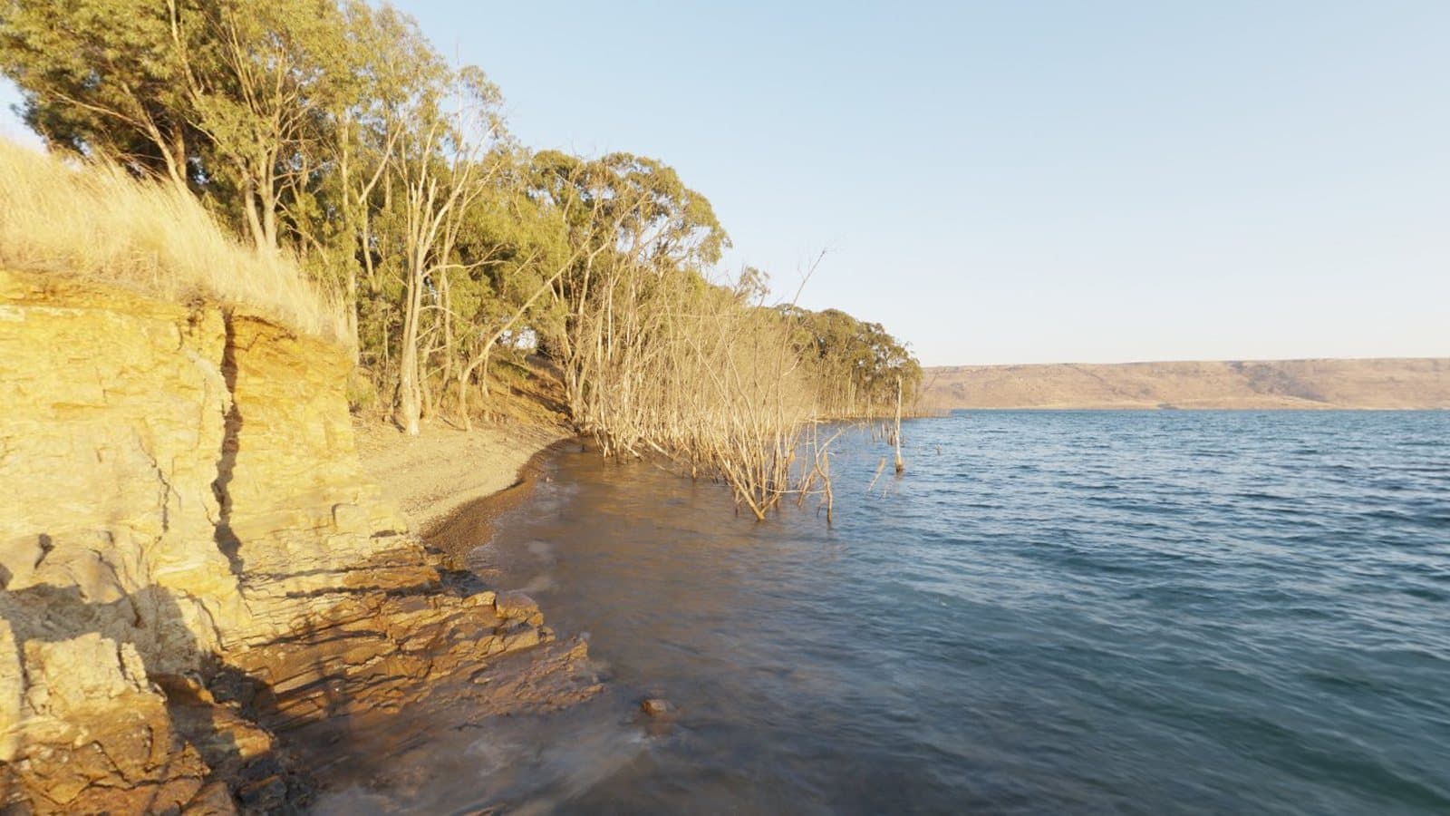 A wide lake and shoreline at sunrise, a typical panorama scene